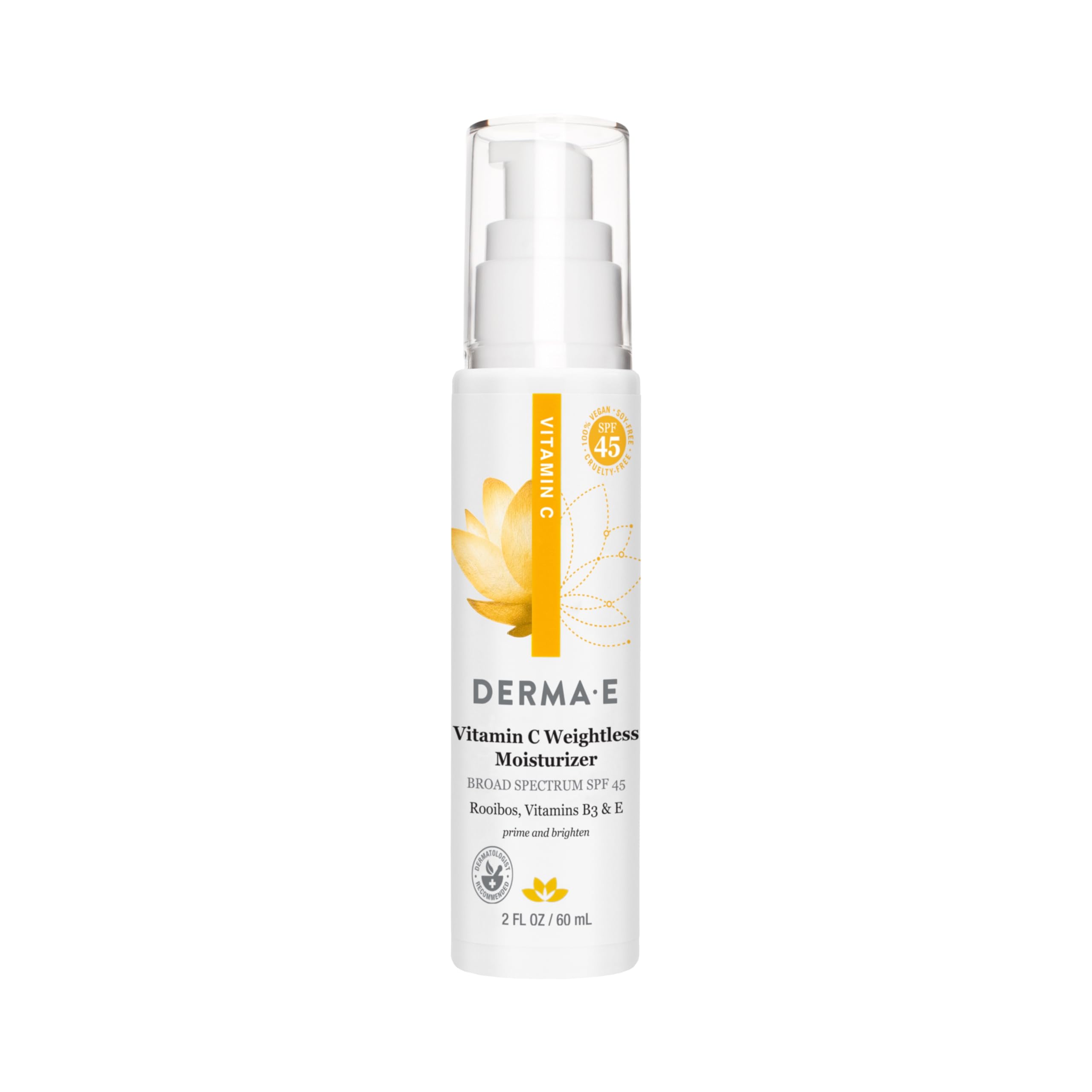 Derma E Vitamin C Weightless Moisturizer SPF 45 bottle provides lightweight hydration with mineral sun protection.