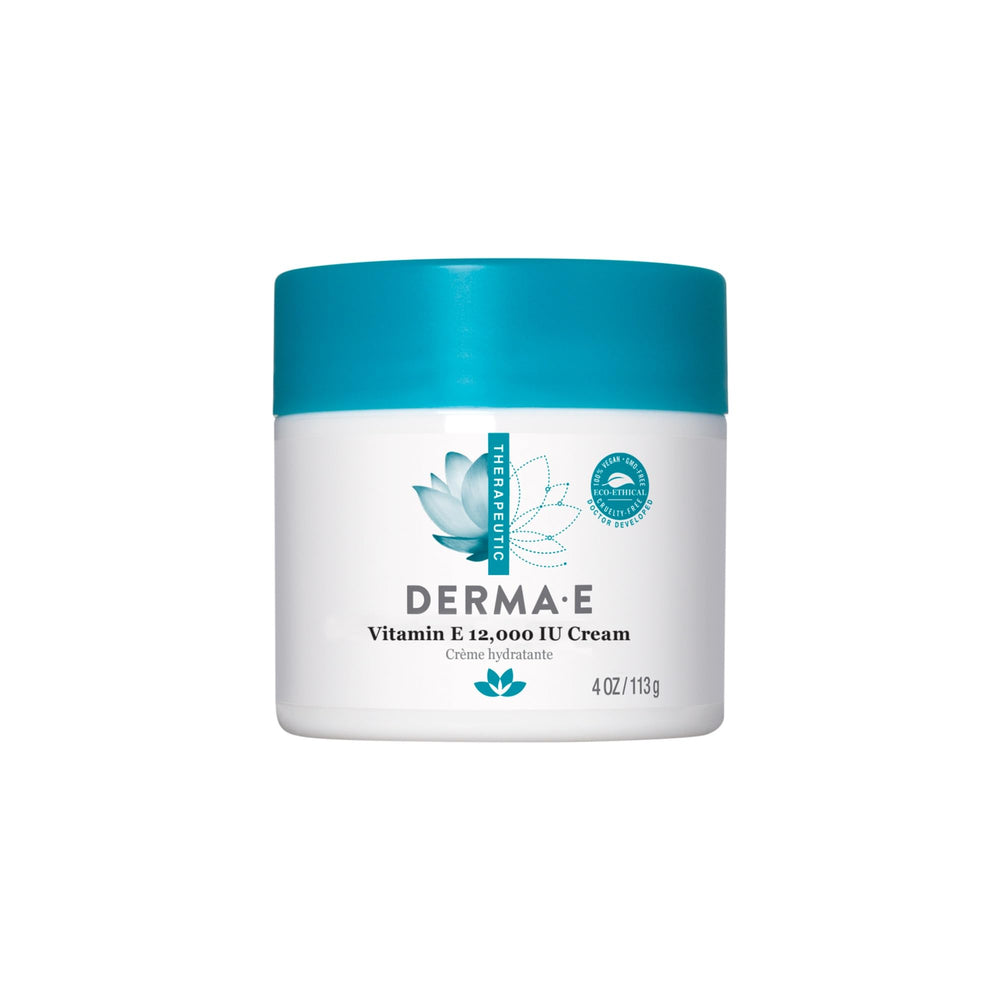 Derma E Vitamin E 12,000 IU Cream jar closeup showing rich moisture for skin.
