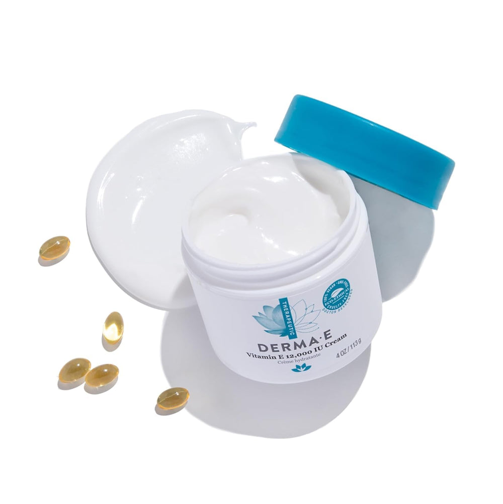 Derma E Vitamin E 12,000 IU Cream label highlighting ingredients and vegan formula.