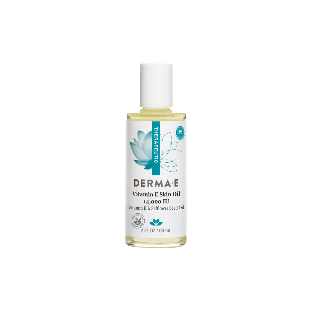 Derma E Vitamin E Skin Oil bottle closeup shows hydration for dry skin.