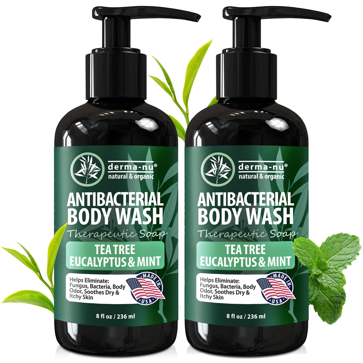 Derma-Nu antibacterial body wash bottle front showing everyday cleansing and skin nourishment