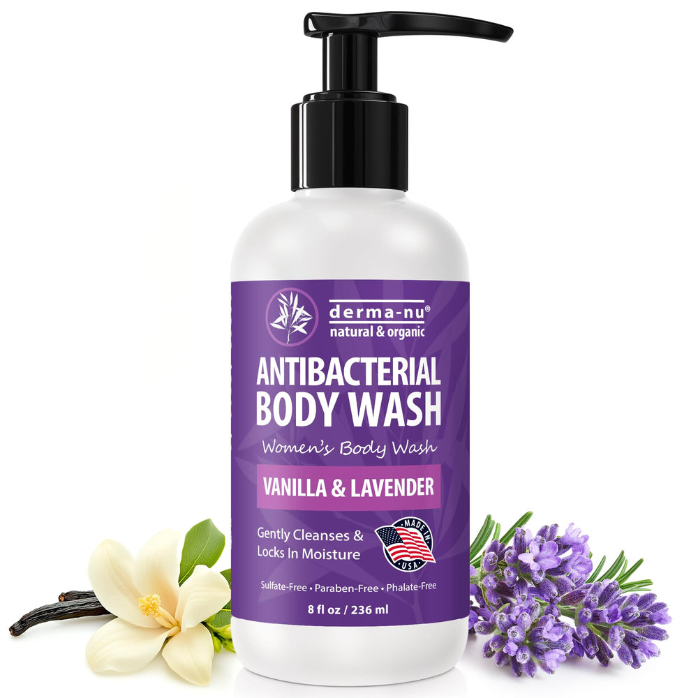 Derma-Nu antibacterial body wash bottle front for daily cleansing and freshness.