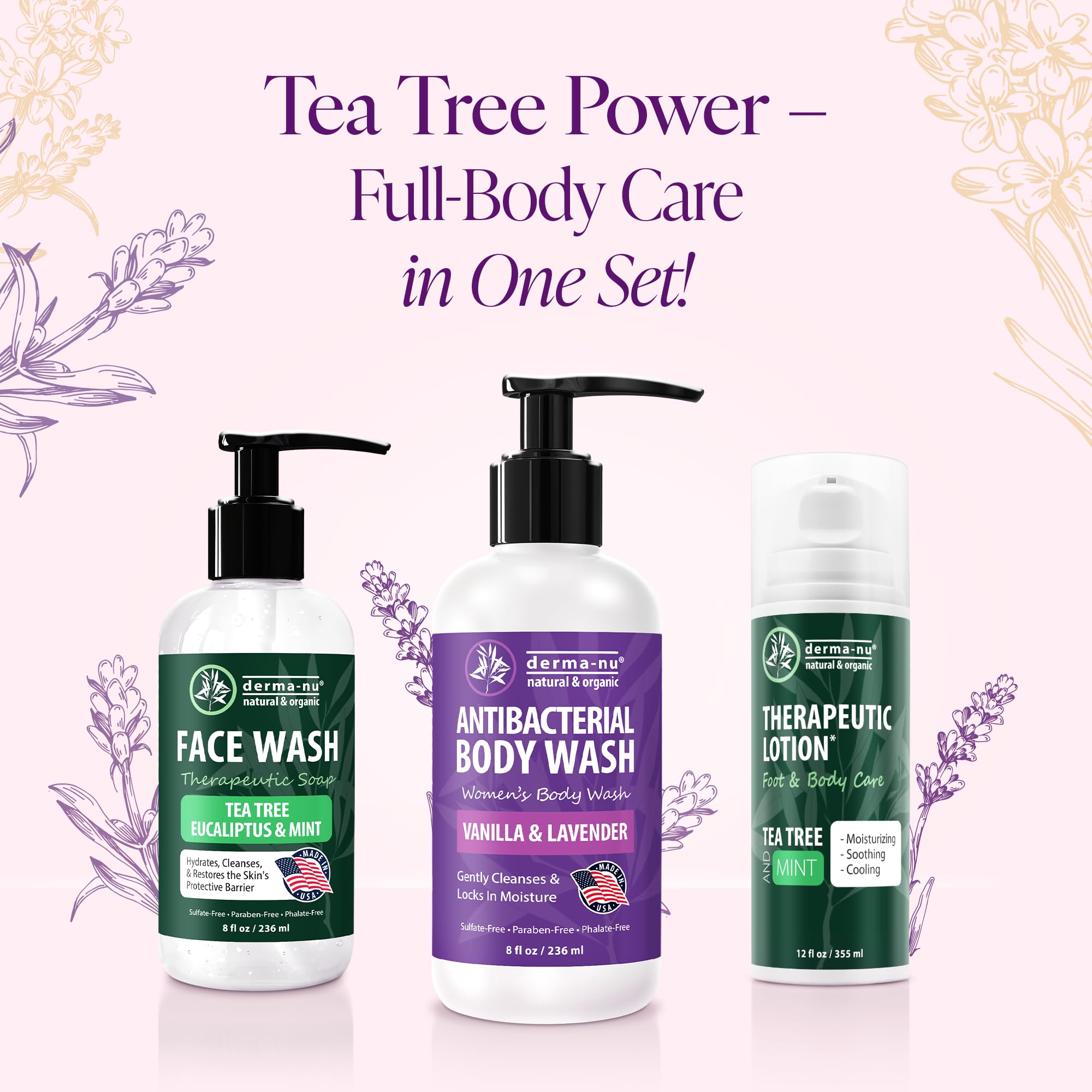 8oz bottle by Derma-Nu Tea Tree Body Wash showcases natural ingredients.