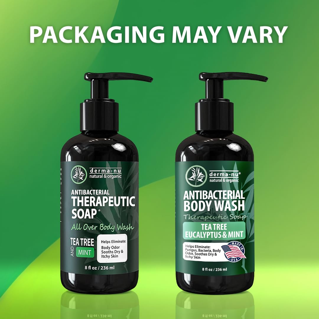 Derma-Nu tea tree bottle pour highlighting odor protection and fresh feel