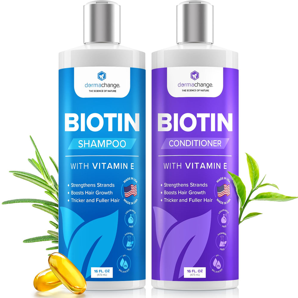DermaChange Biotin Shampoo bottle pour for fuller-looking hair.