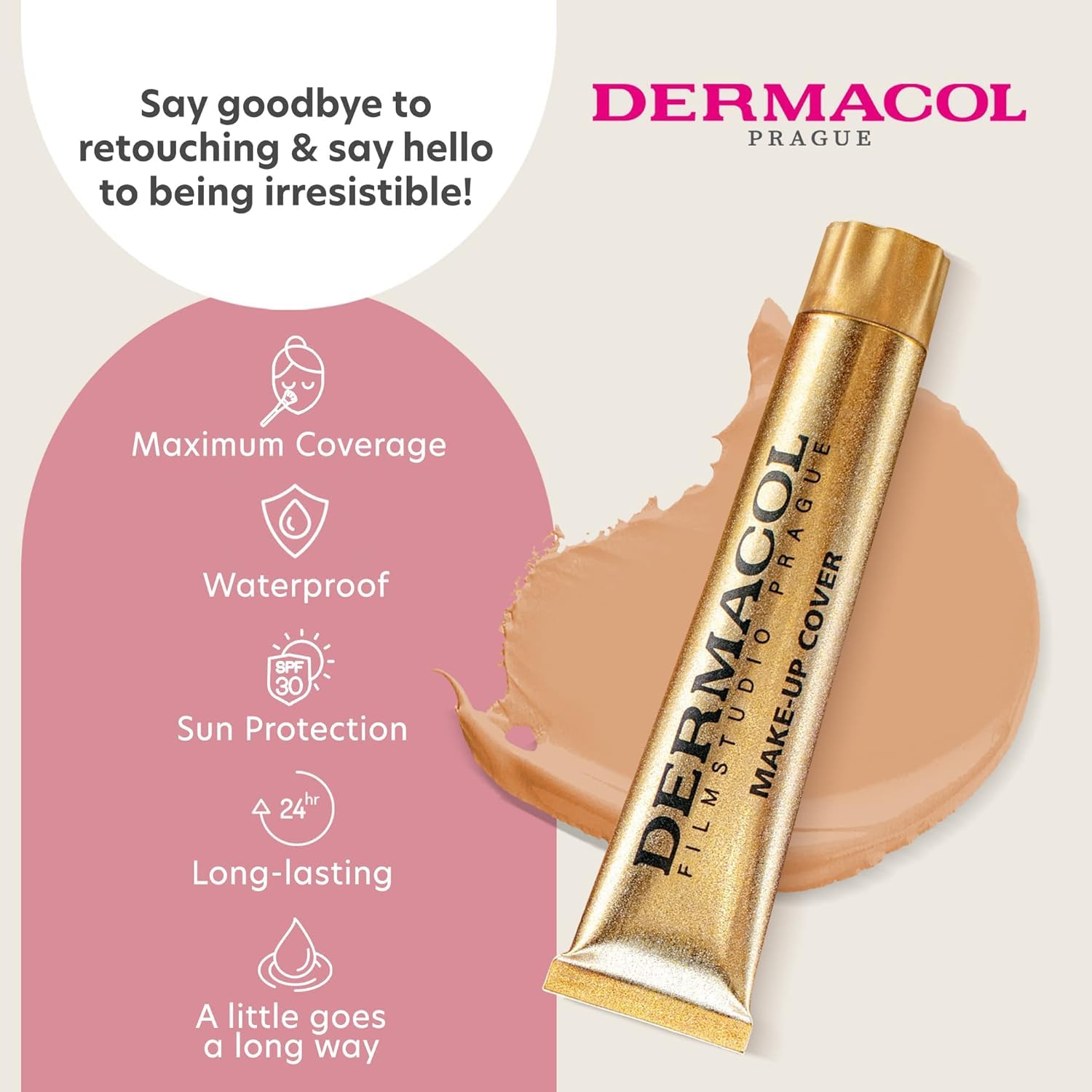 Dermacol waterproof foundation swatch showing long-lasting wear through daily activities.