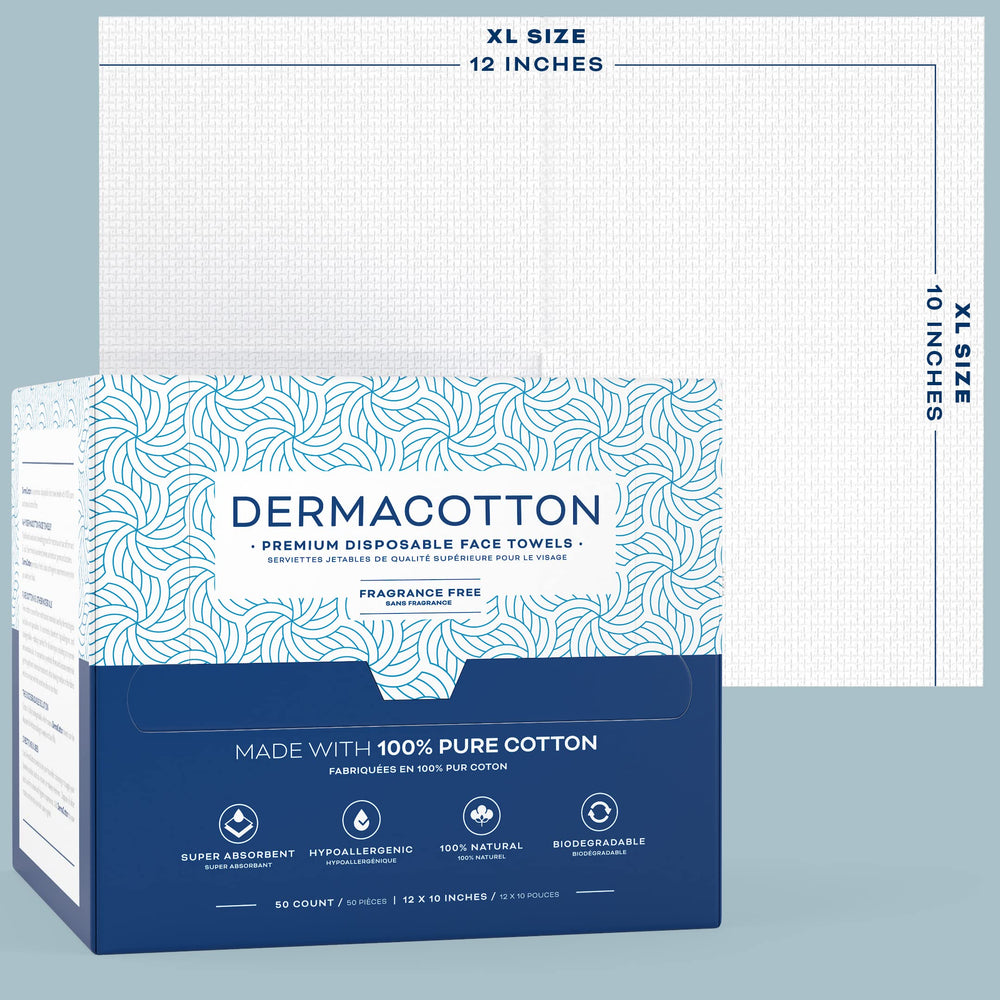 Dermacotton makeup removal towel use demonstrates easy makeup removal with pure cotton softness.