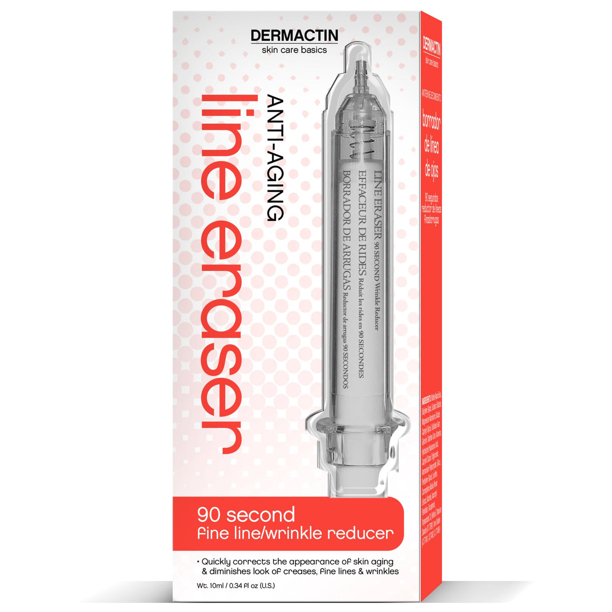 Dermactin 90 Second Line Eraser bottle demonstrates rapid smoothing of fine lines.