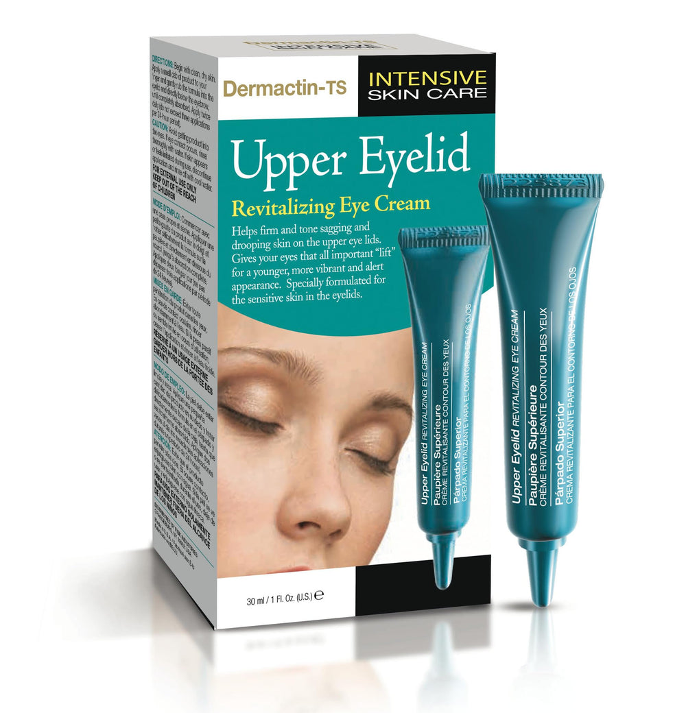 Dermactin Classic Upper Eyelid Revitalizing Eye Cream tube closeup demonstrates soothing, firming benefits.