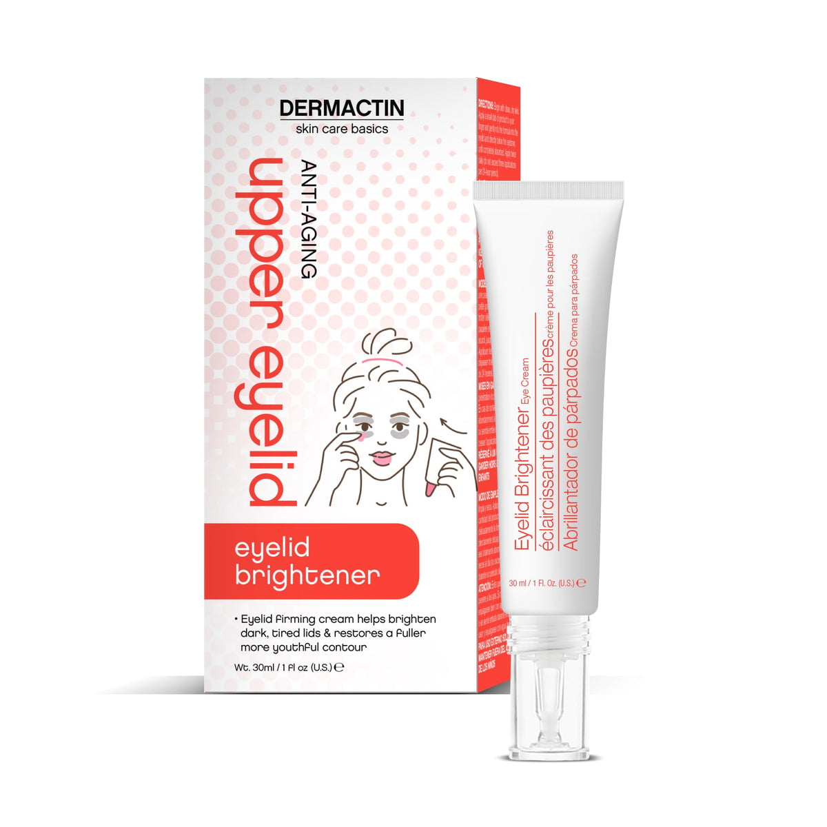 Dermactin crema para párpados superior, botella de 1 oz, elevación suave para mirada más fresca.