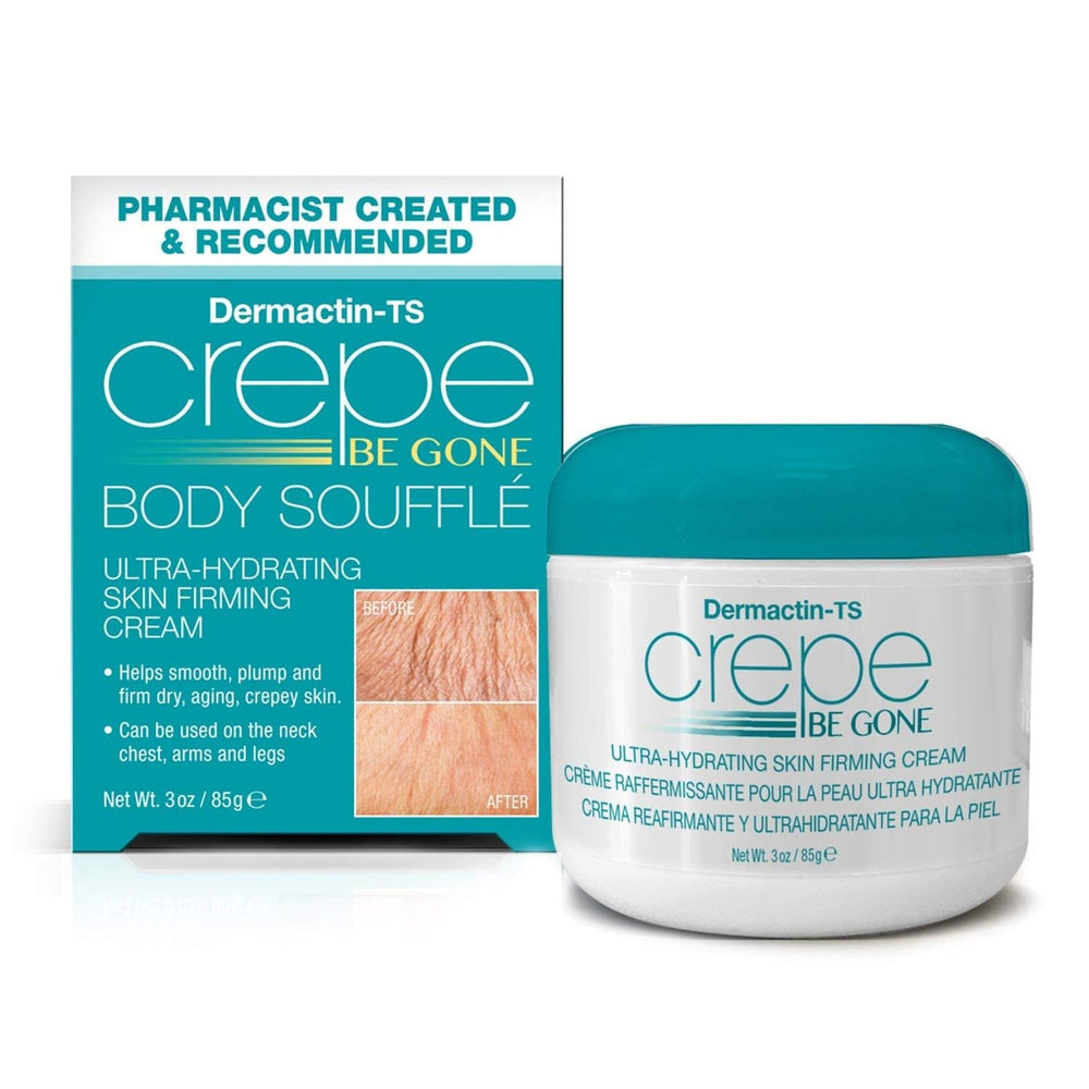 Dermactin Crepe Be Gone Body Souffle jar delivering deep hydration for crepey skin.
