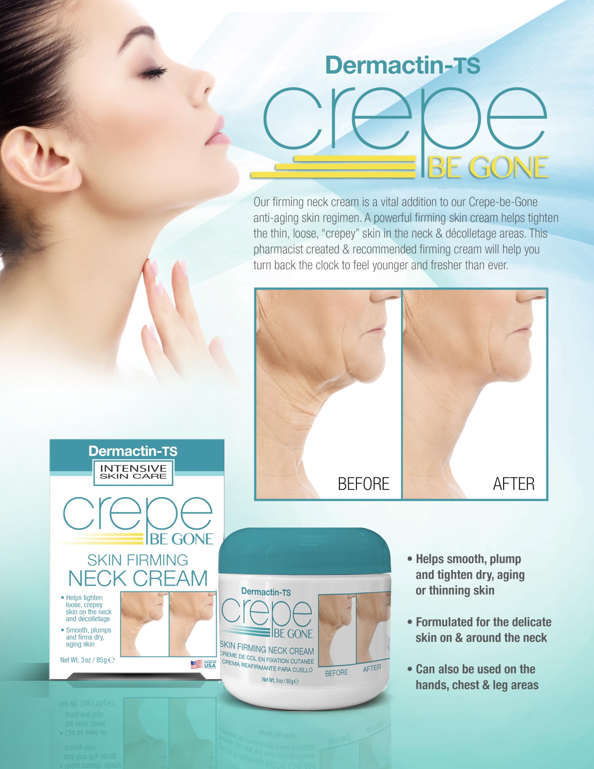 Dermactin Crepe Be Gone decolletage neck area focus demonstrates targeted firming.