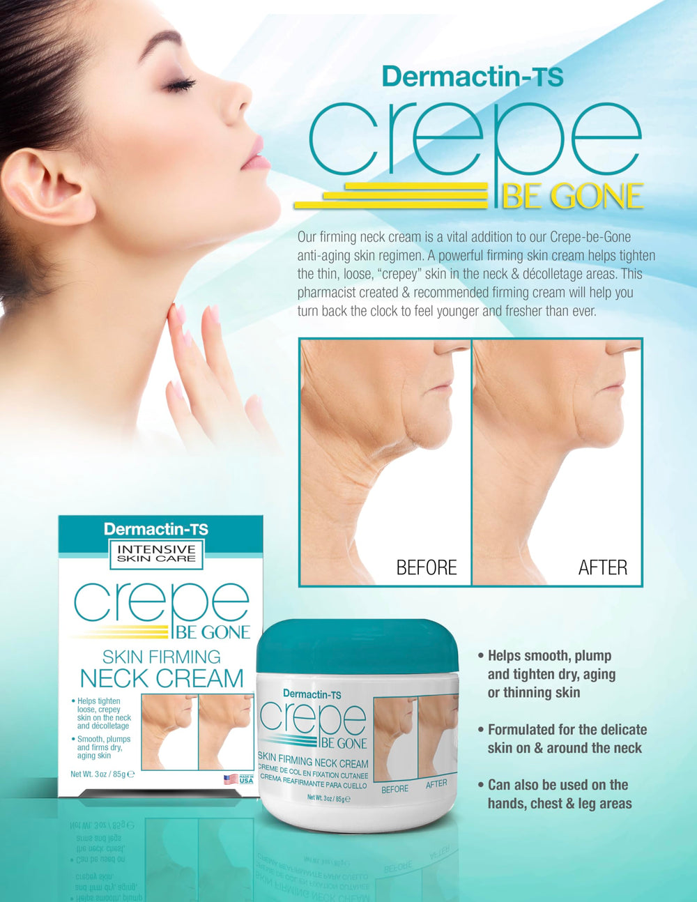 Dermactin Crepe Be Gone decolletage neck area focus demonstrates targeted firming.