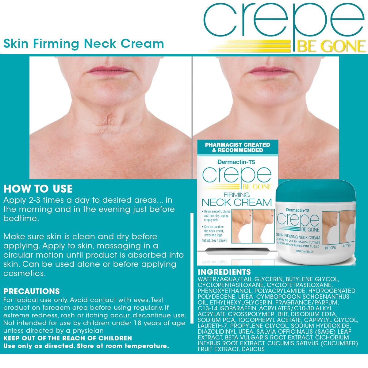 Dermactin Crepe Be Gone neck-skin tightening visuals suggest sagging reduction.