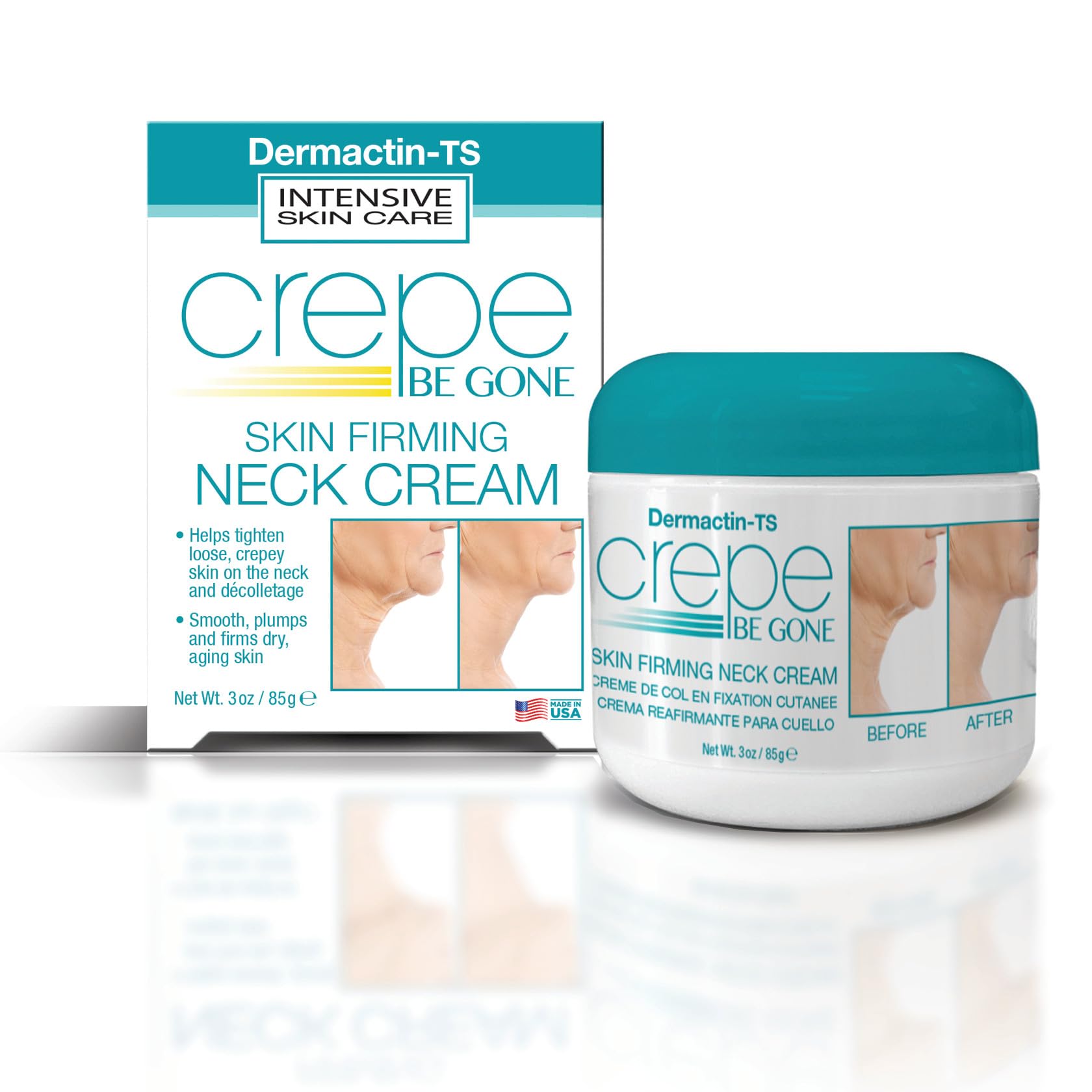 Dermactin Crepe Be Gone Neck Cream packaging shows a sleek jar for easy nightly use.