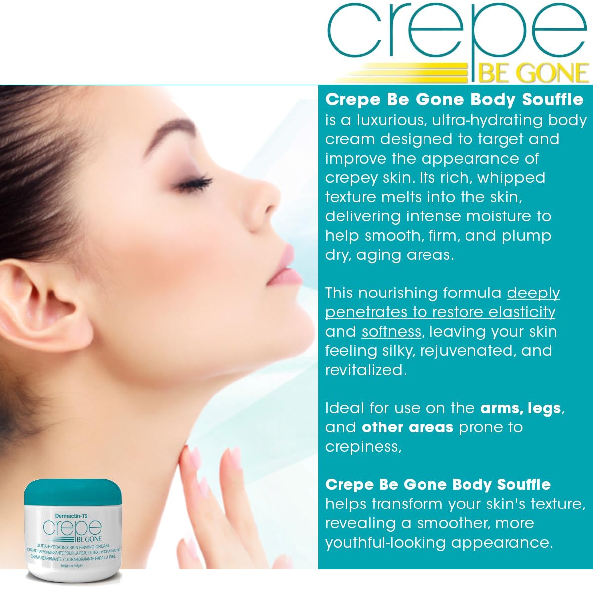 Dermactin Crepe Be Gone Body Souffle shows silky texture melting into dry areas.