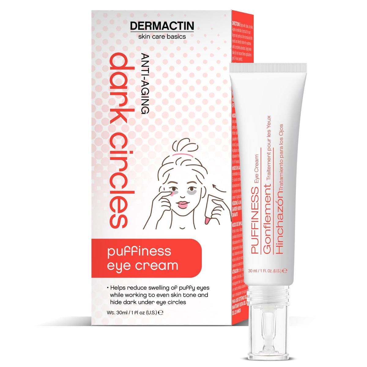 Dermactin eye-cream-tube-front for daily use with brightening potential.
