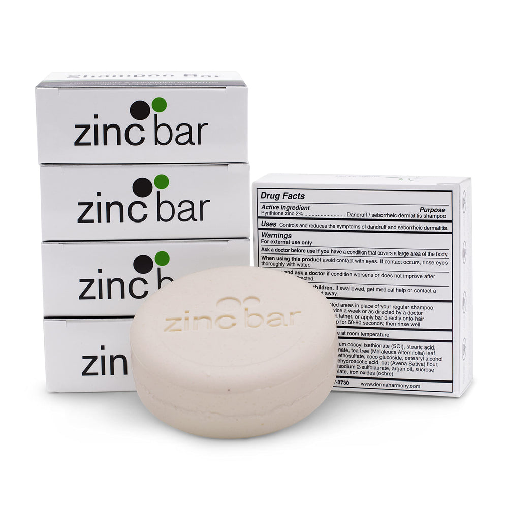 DermaHarmony 2% zinc shampoo bar packaging highlights plastic-free design.