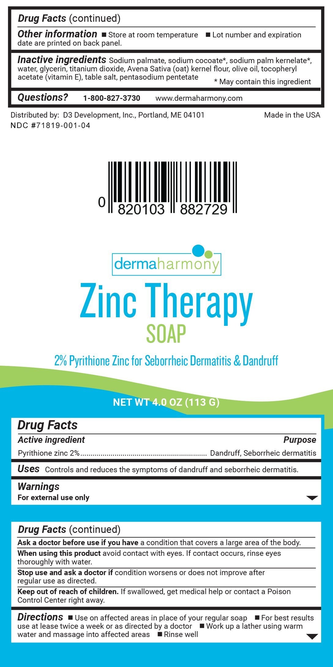 DermaHarmony Pyrithione Zinc Therapy Bar label shows 2% zinc pyrithione and fragrance-free formula