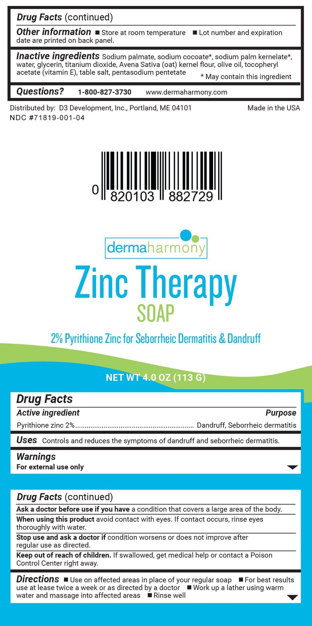 DermaHarmony Pyrithione Zinc Therapy Bar label shows 2% zinc pyrithione and fragrance-free formula