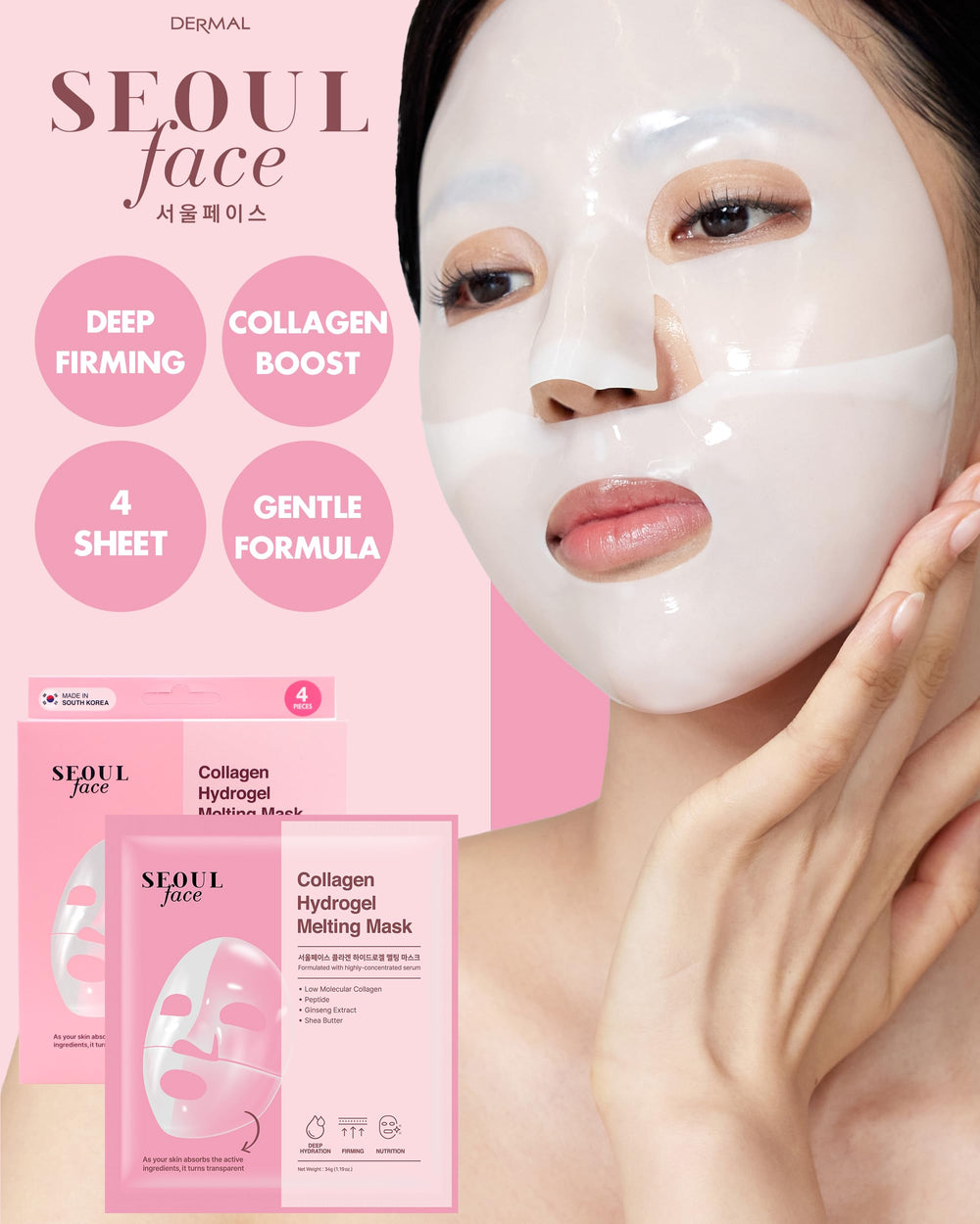 DERMAL Collagen Hydrogel Mask sheet applied on face shows deep hydration.