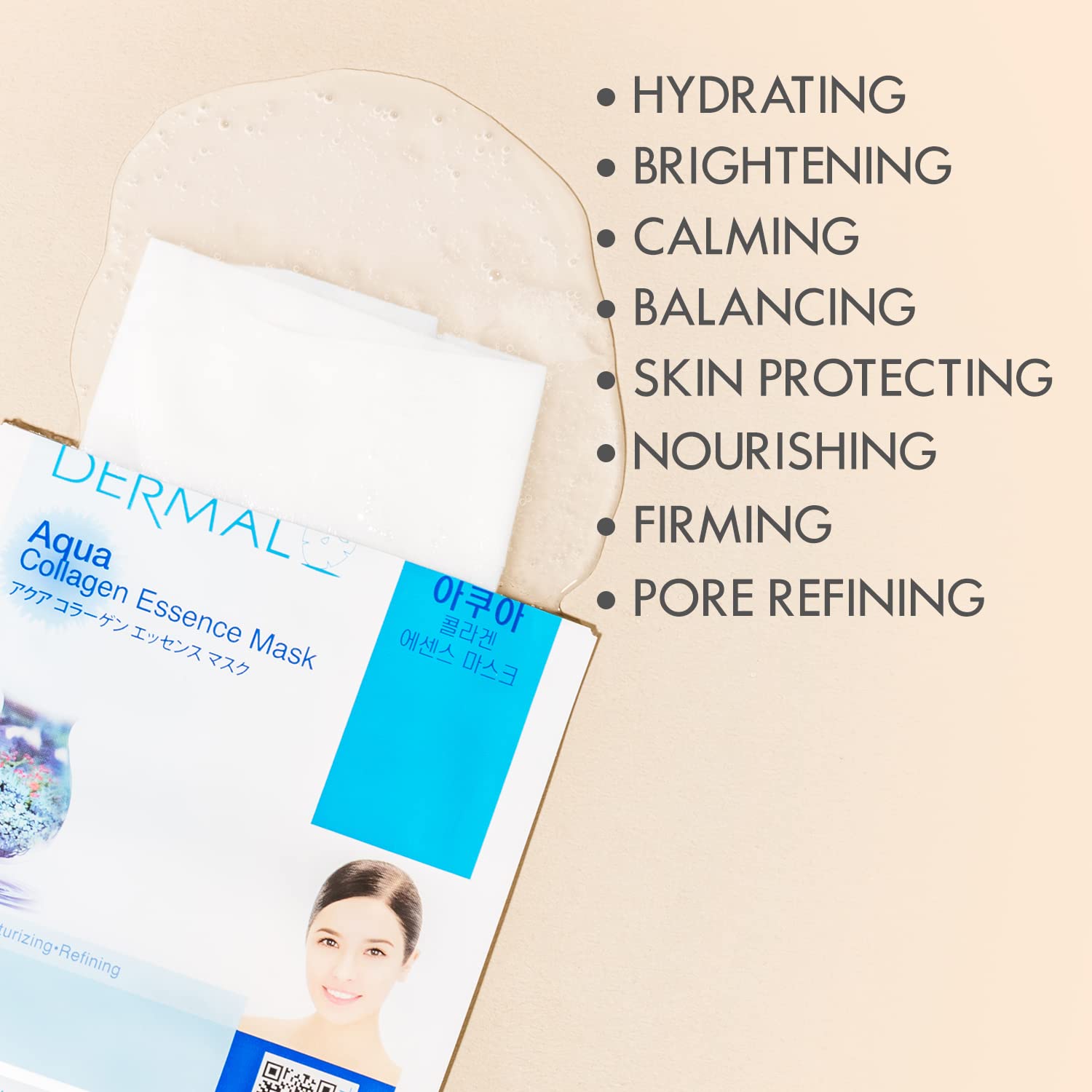 DERMAL Korean collagen face mask panthenol boost highlights soothing moisture benefits.