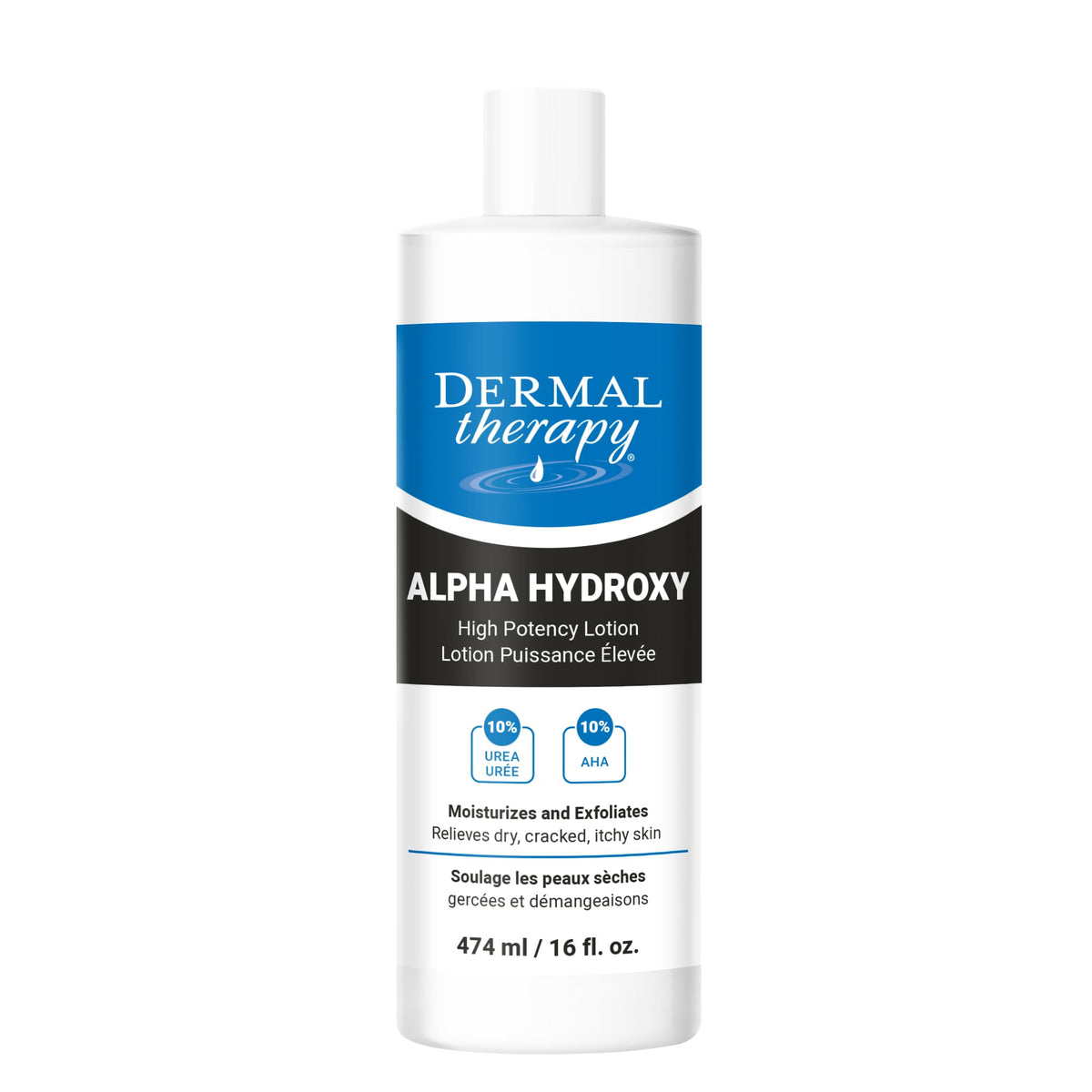 Dermal Therapy Alpha Hydroxy Lotion bottle pour shows fragrance-free hydration for dry skin.