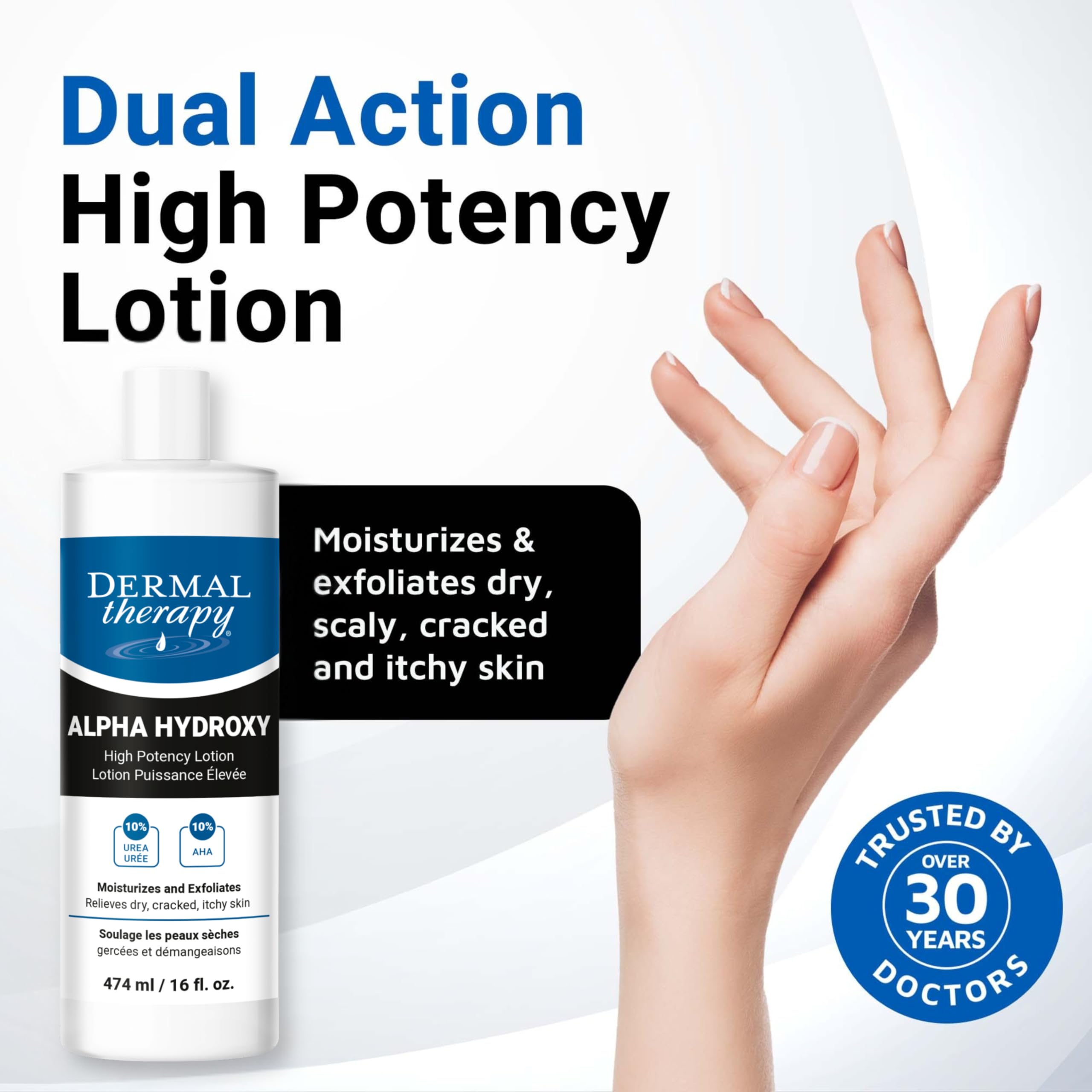 Dermal Therapy Alpha Hydroxy Lotion on rough dry skin highlights smoothing action.