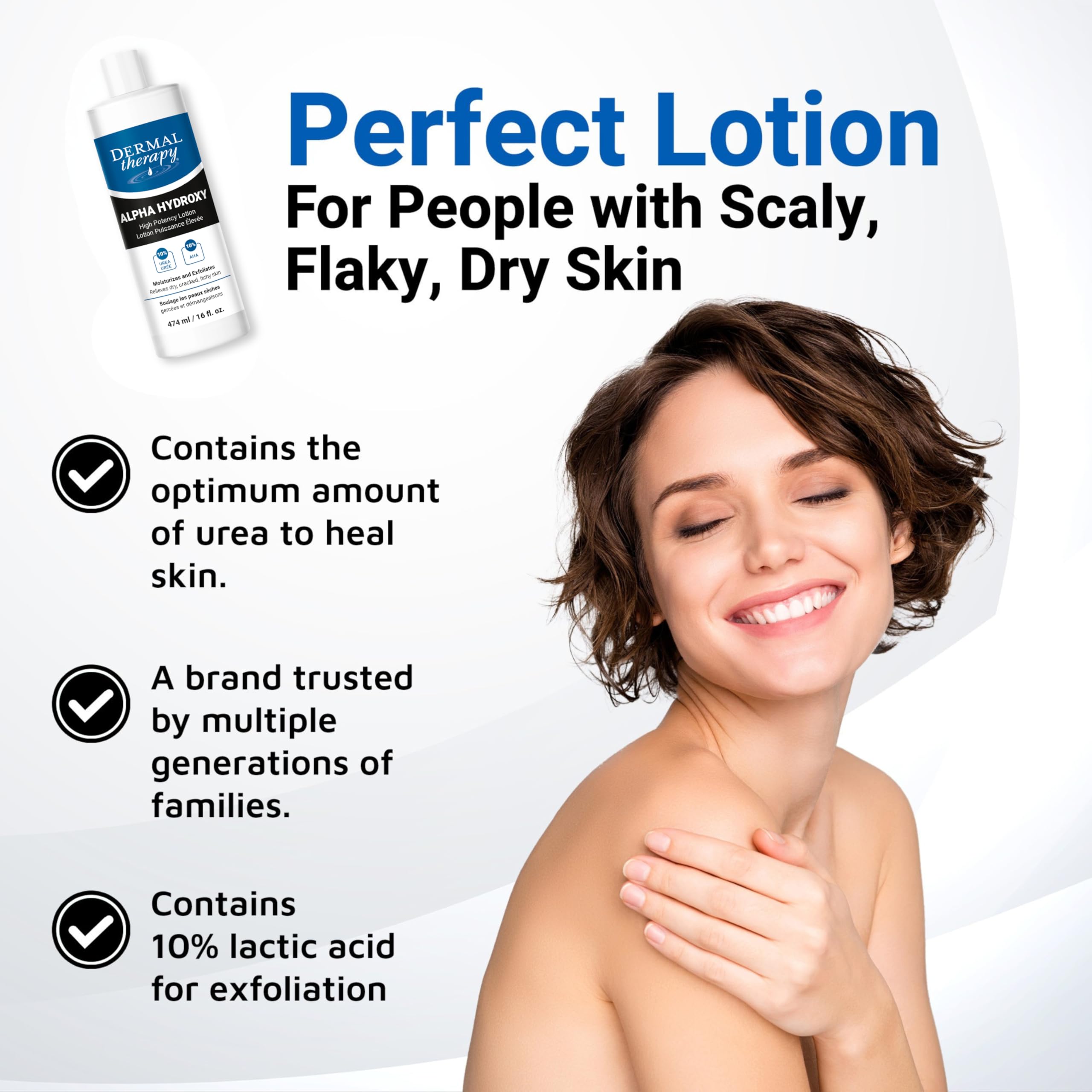Dermal Therapy Alpha Hydroxy Lotion ingredients closeup shows 10% AHA and 10% Urea.