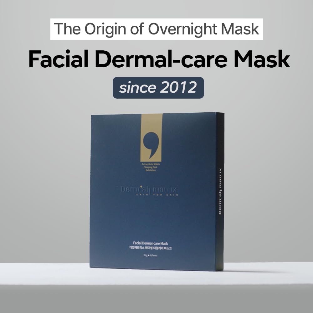 DERM-ALL MATRIX sheet on face showing soothing, lifting, hydrating effects.