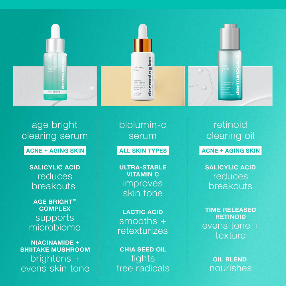 Dermalogica Age Bright Clearing Serum beside premium packaging signals routine quality.