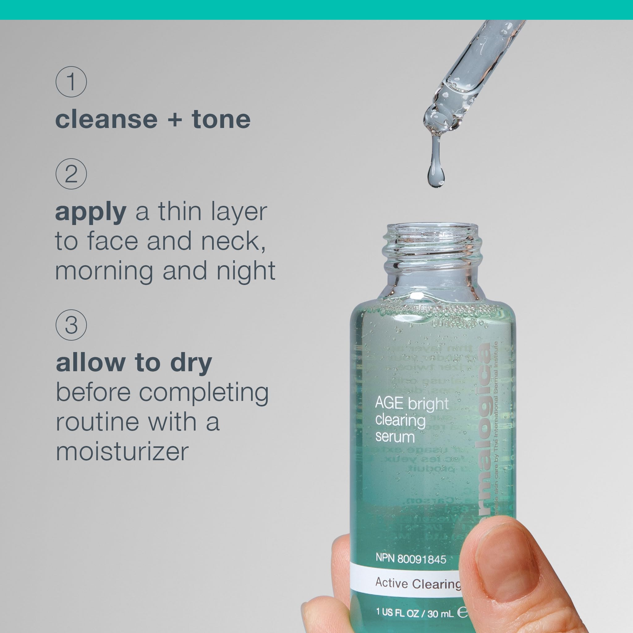 Dermalogica Age Bright Clearing Serum texture spread on jawline for even tone.