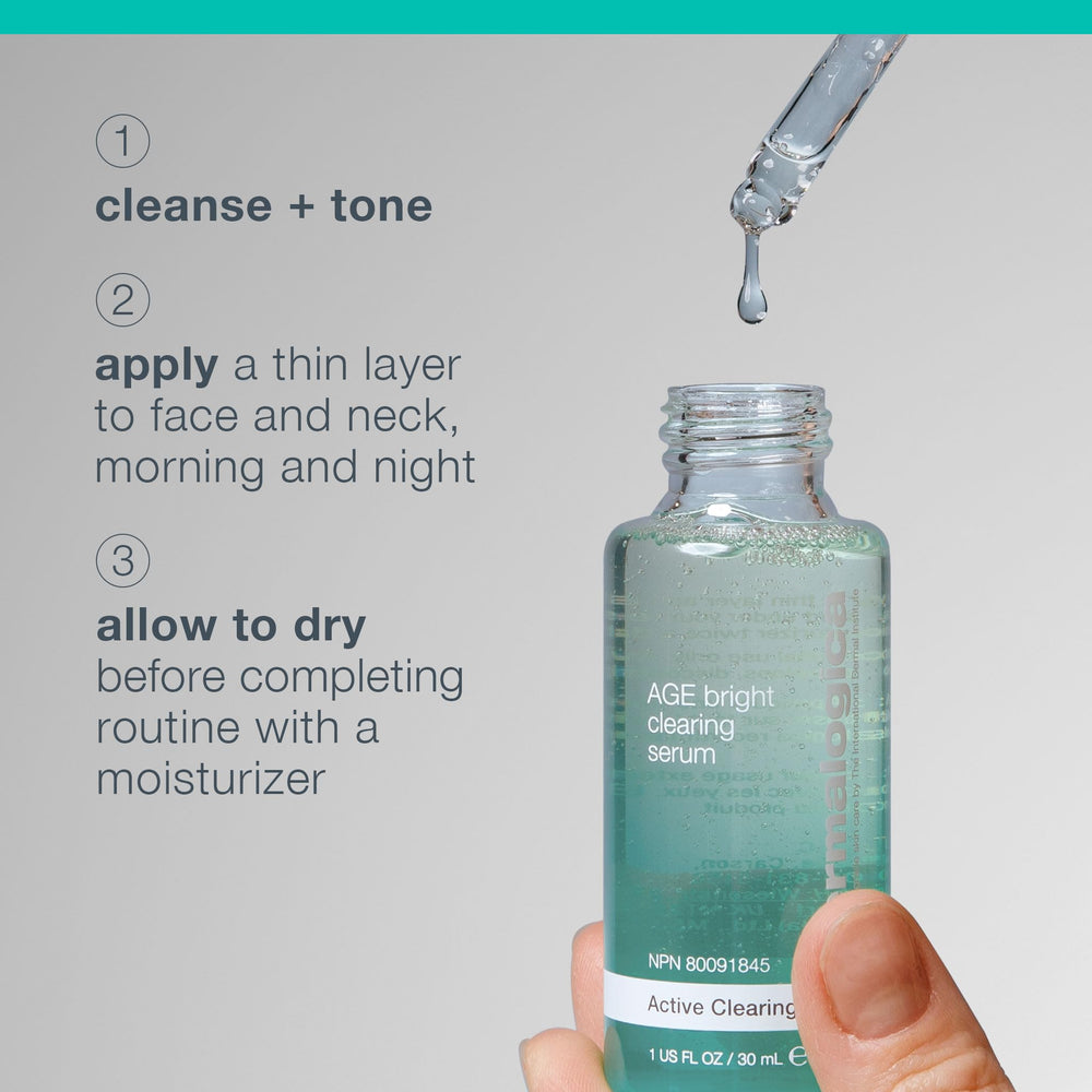 Dermalogica Age Bright Clearing Serum texture spread on jawline for even tone.