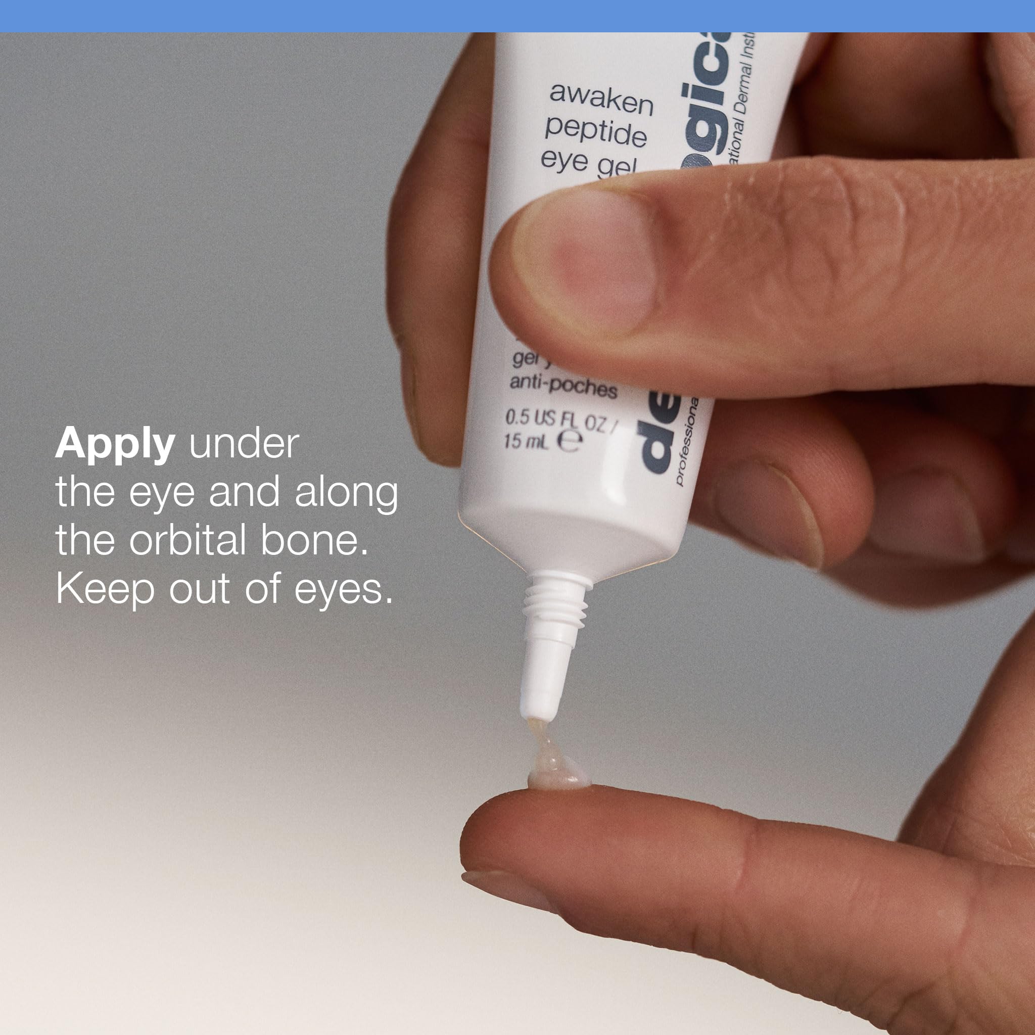 Dermalogica Awaken Peptide Eye Gel being applied to under-eye for quick energizing look.