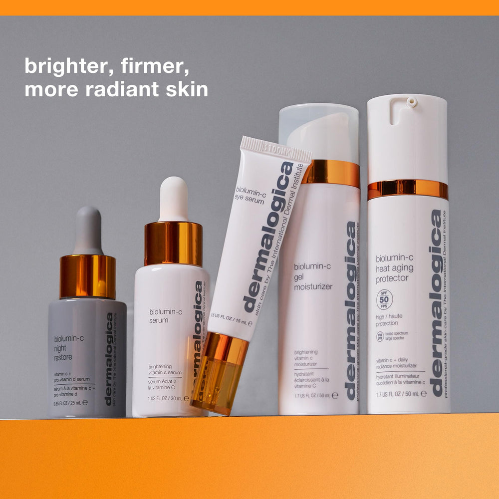 Dermalogica Biolumin-C Gel Moisturizer applied to cheeks for luminous look.