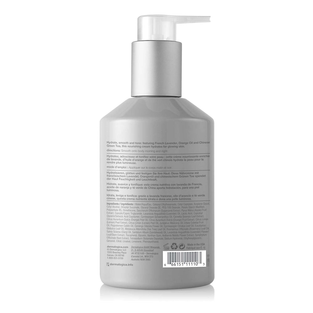Dermalogica Body Hydrating Cream bottle pump shot emphasizes instant moisture.