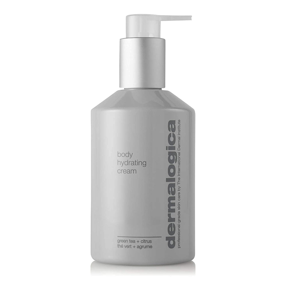 Dermalogica Body Hydrating Cream label closeup highlights nourishing formula for dry skin.
