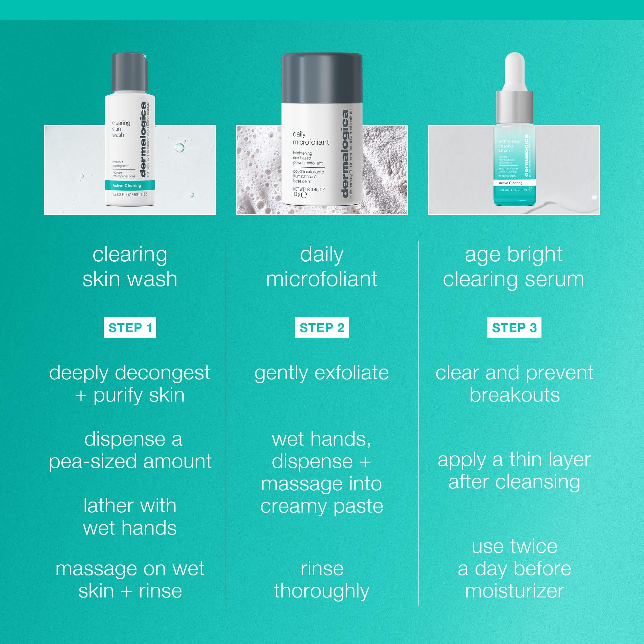 Dermalogica Clear and Brighten Kit bathroom shelf with clean skincare setup.