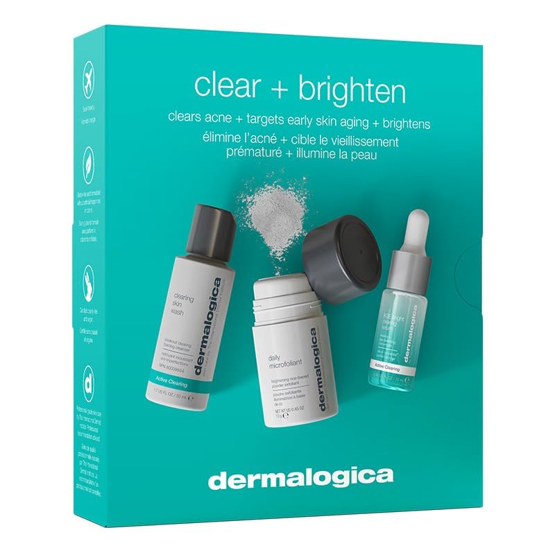 Dermalogica Clear and Brighten Kit cleanser bottle close-up for refreshed, oil-controlled skin.