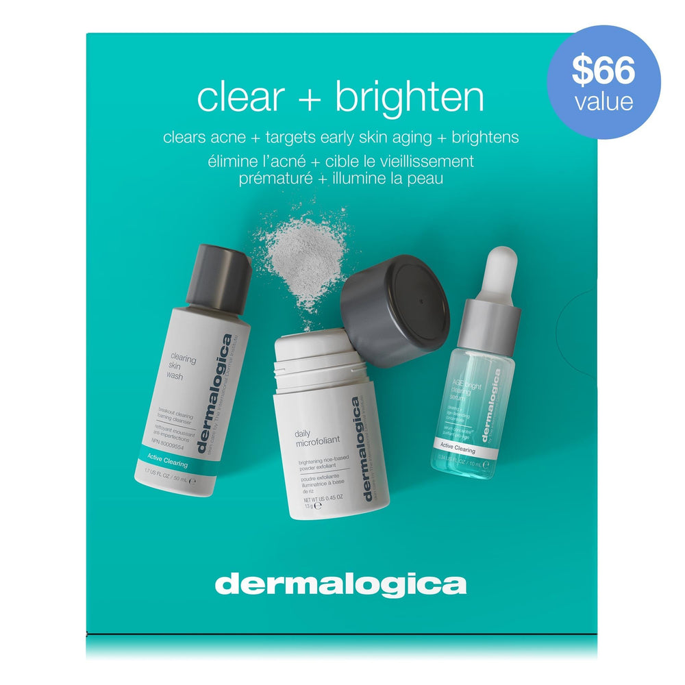 Dermalogica Clear and Brighten Kit travel kit open with three-step products displayed.