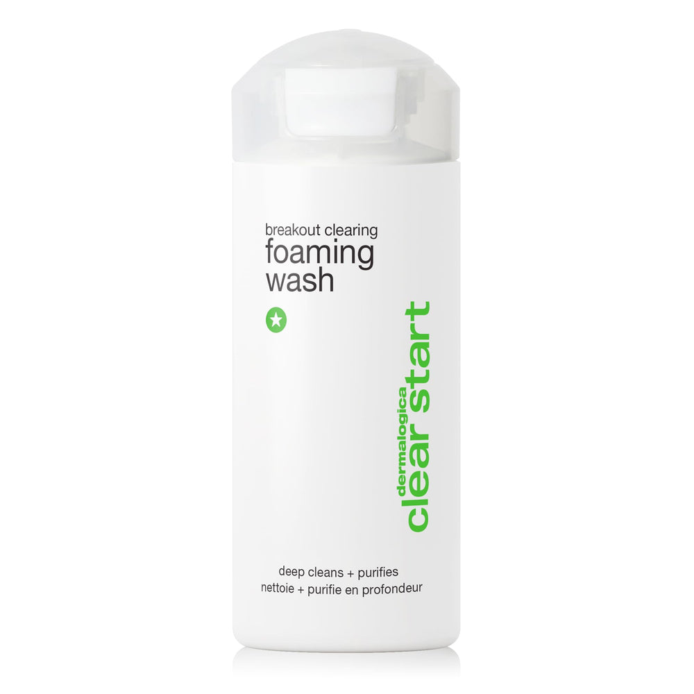 Dermalogica Clear Start breakout foaming wash bottle shows clear skin cleansing.