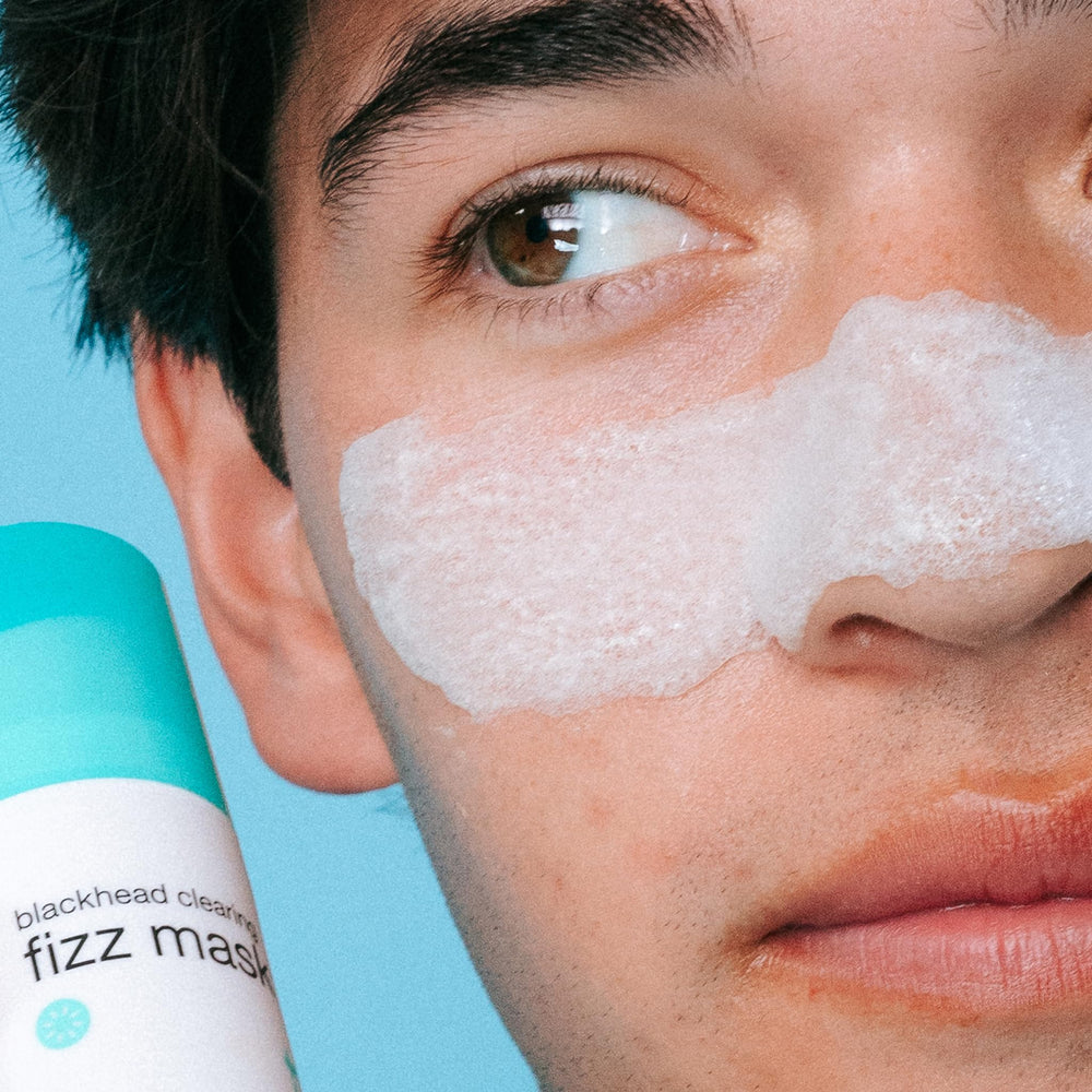 Dermalogica Clear Start fizz mask pore-decongestion close-up emphasizes refreshed skin appearance.