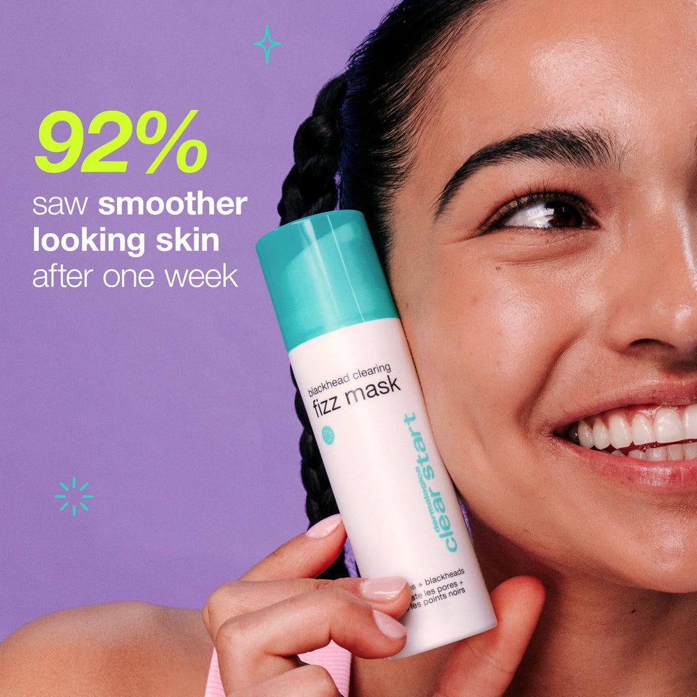 Dermalogica Clear Start fizz mask bottle with simple 3-5 minute routine.