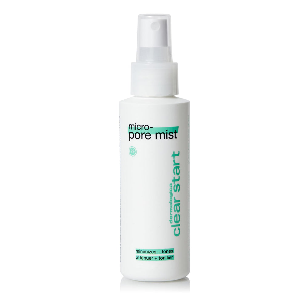 Dermalogica Clear Start Micro-Pore Mist bottle shown for pore-minimizing hydration.