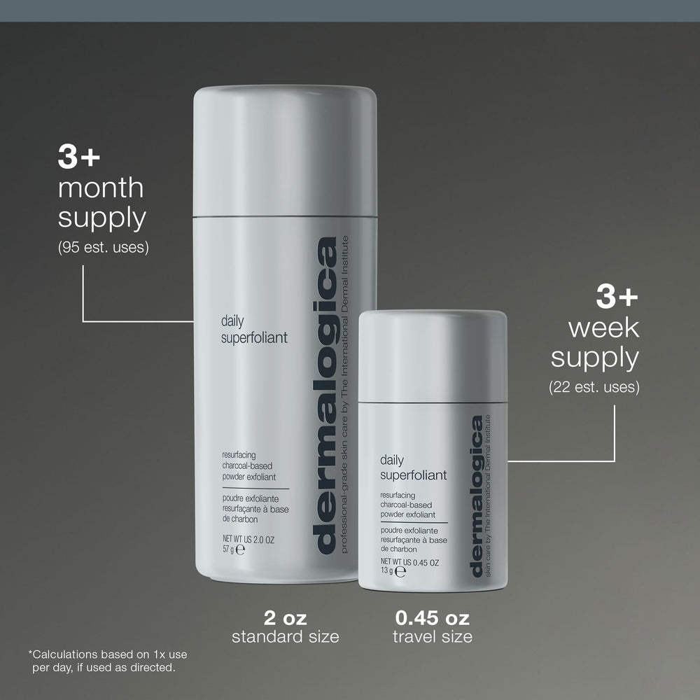 Dermalogica Daily Superfoliant bottle label close-up reminds you to exfoliate gently as part of routine.