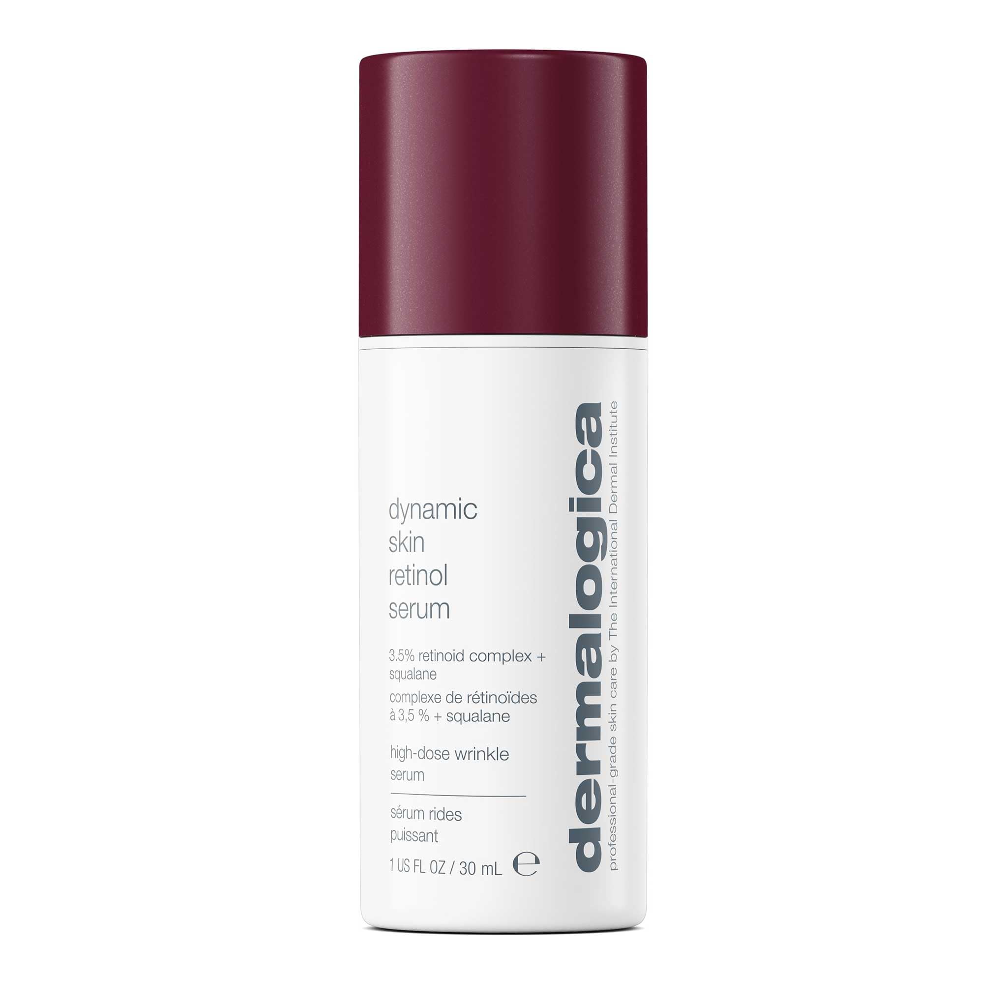 Dermalogica Dynamic Skin Retinol Serum bottle closeup, smooth appearance implied