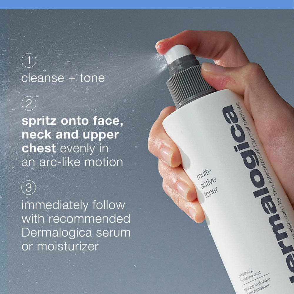 Dermalogica Multi-Active Toner spray on face during cleansing, readying for moisturizer.