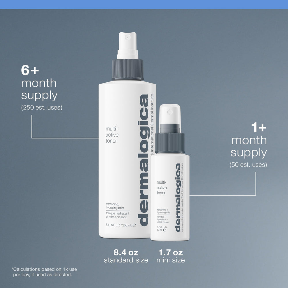 Dermalogica Multi-Active Toner alongside moisturizer demonstrates prep step.