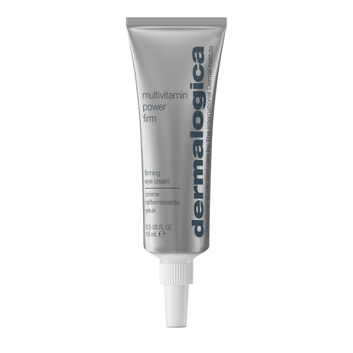 Dermalogica Multivitamin Power Firm Eye Cream bottle close-up showcasing antioxidant vitamins for daily protection against environmental aging.