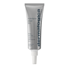 Dermalogica Multivitamin Power Firm Eye Cream bottle close-up showcasing antioxidant vitamins for daily protection against environmental aging.